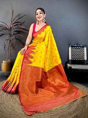 Mustard Yellow Soft Silk Kanjivaram Saree with Red Border and Zari Work