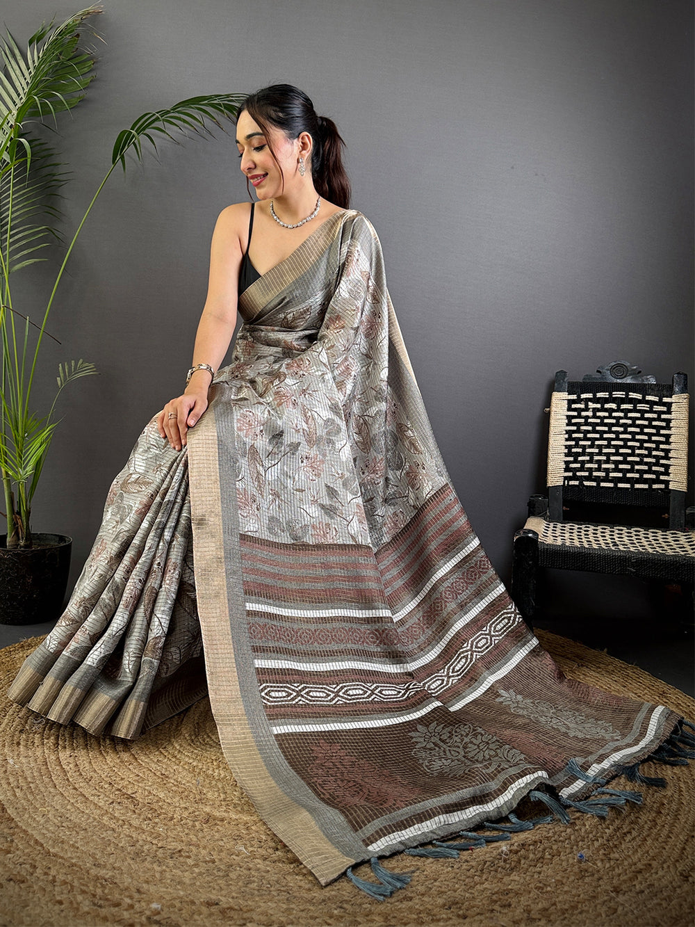 Grey Tussar Chex Floral Print Saree