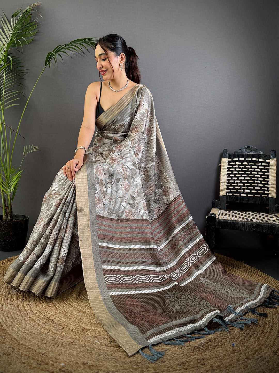 Grey Tussar Chex Floral Print Saree
