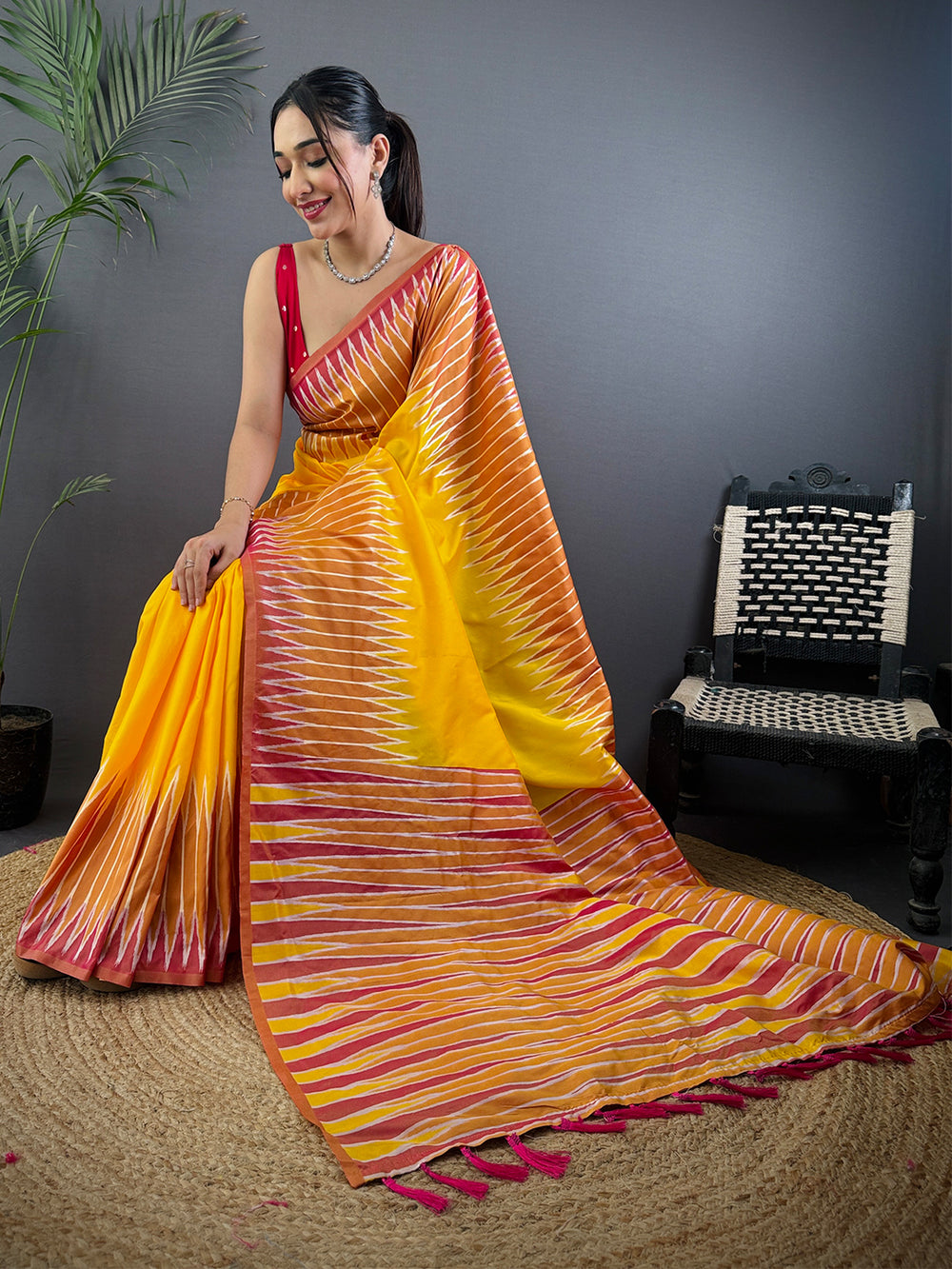 Yellow Soft Silk Ikkat Zari Weaving Saree