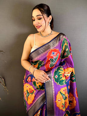 Purple Soft Dola Big Ikkat Minakari Print Saree