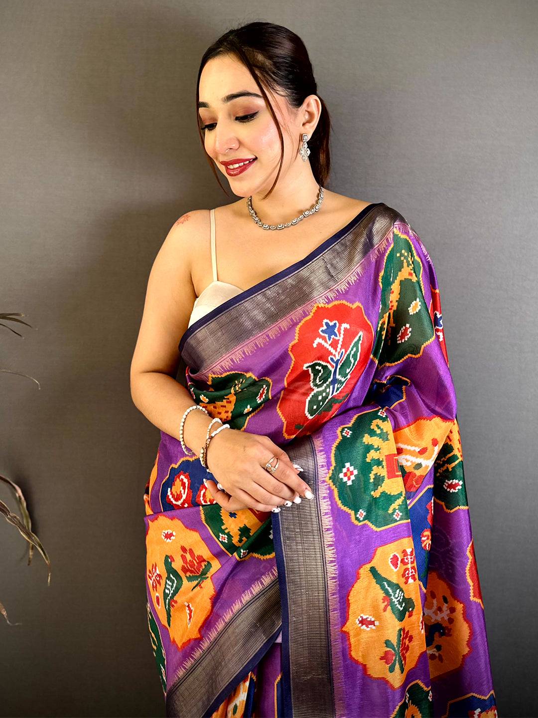 Purple Soft Dola Big Ikkat Minakari Print Saree