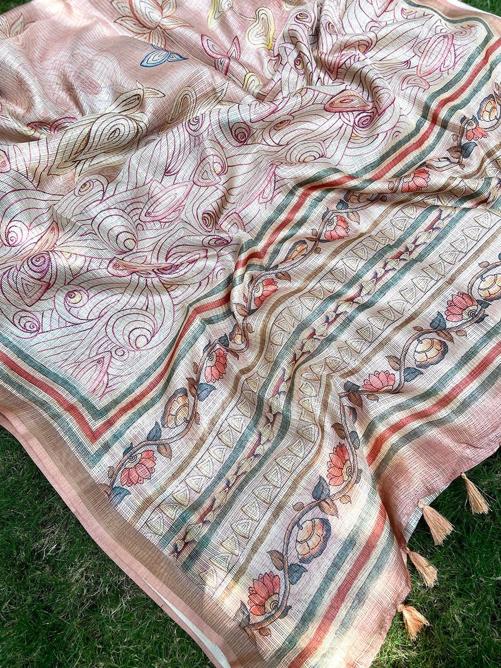 Peach Kota Doriya Silk Saree With Flower Kalamkari Print
