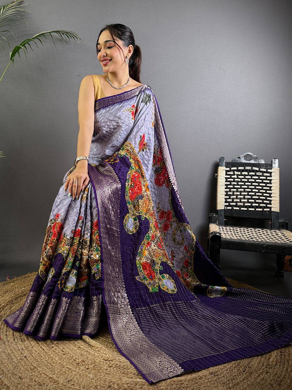 Lavender Pure Viscose Floral Printed Saree