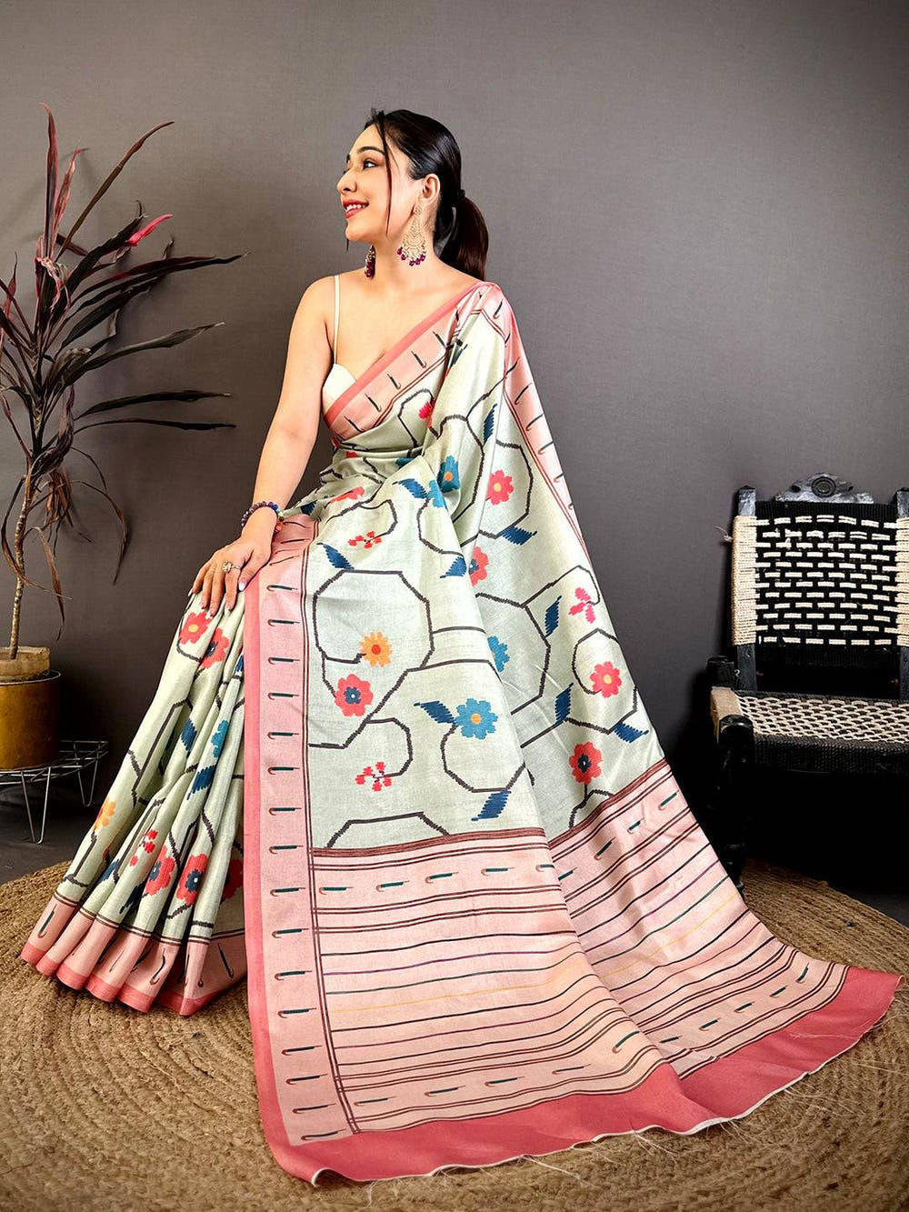 Royal Tussar Ikkat Meenakari Print Saree