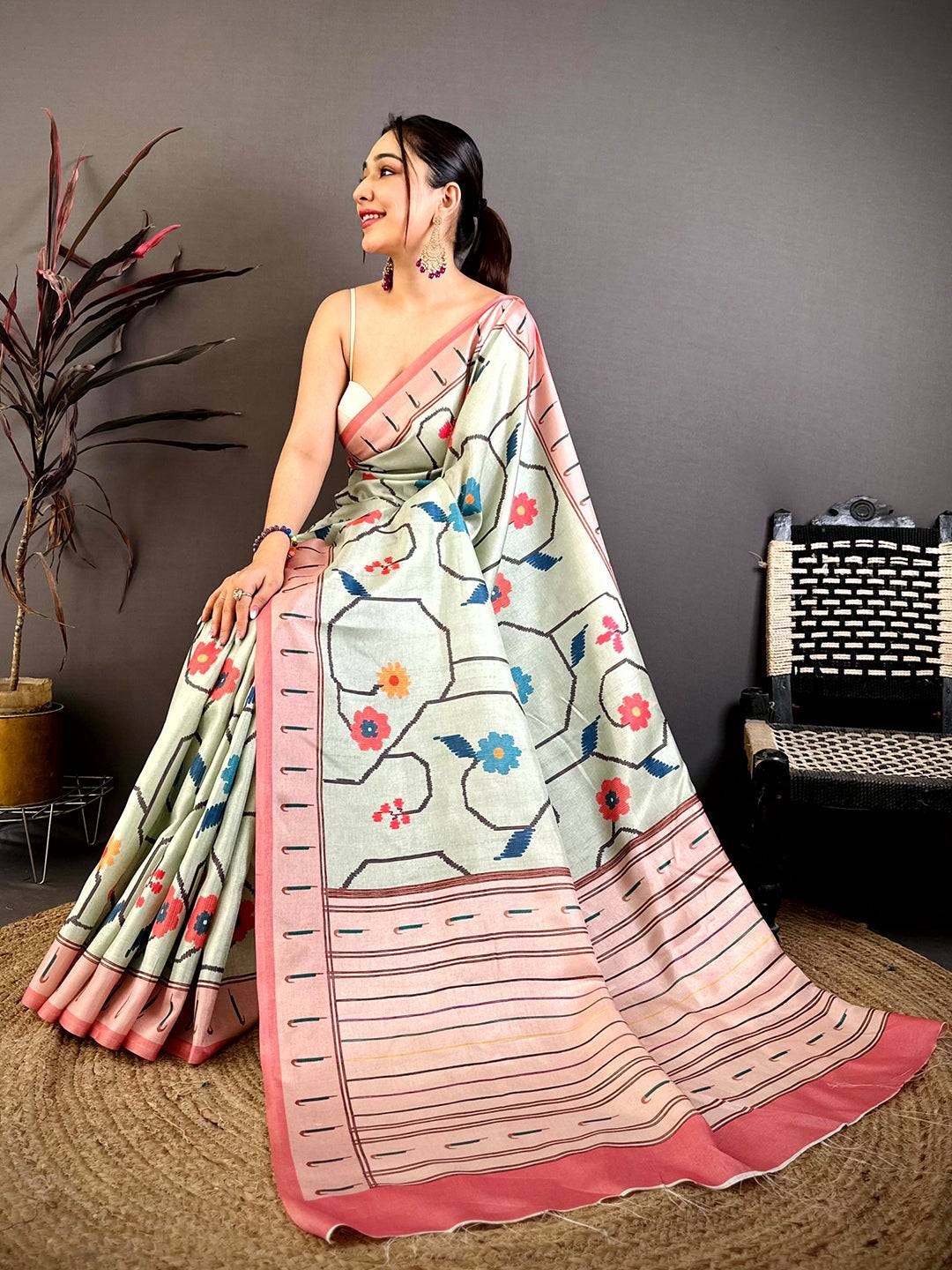 Royal Tussar Ikkat Meenakari Print Saree