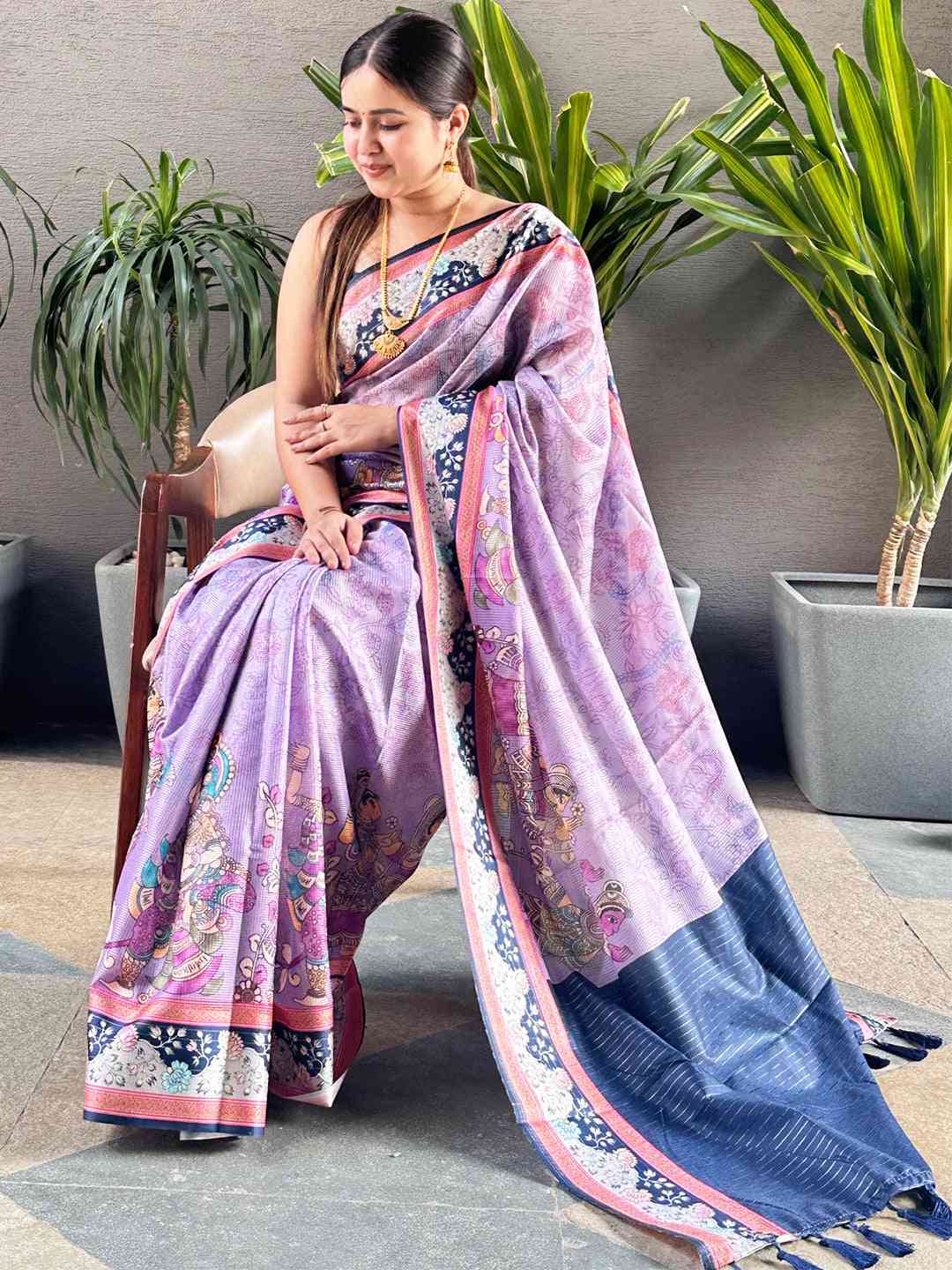 Purple Colour Satin Kota Doria Kalamkari Saree