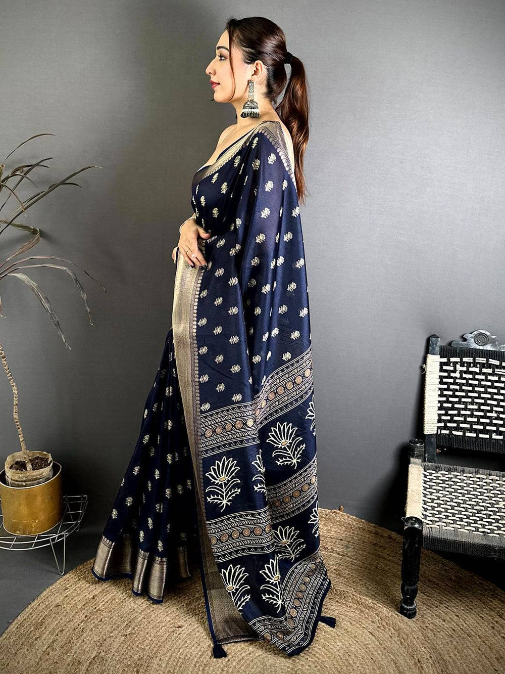 Navy Dola Block Print Zari Border Saree