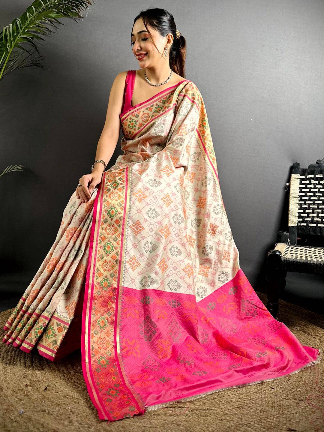 White Pochampally Patola Soft Silk Saree

