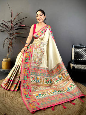 White Pashmina Weave Semi Silk Saree