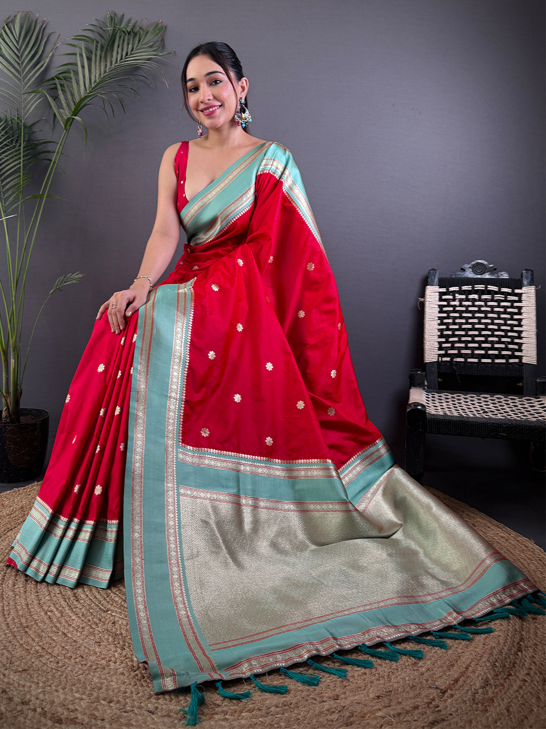 Royal Red Soft Silk Floral Butta Saree