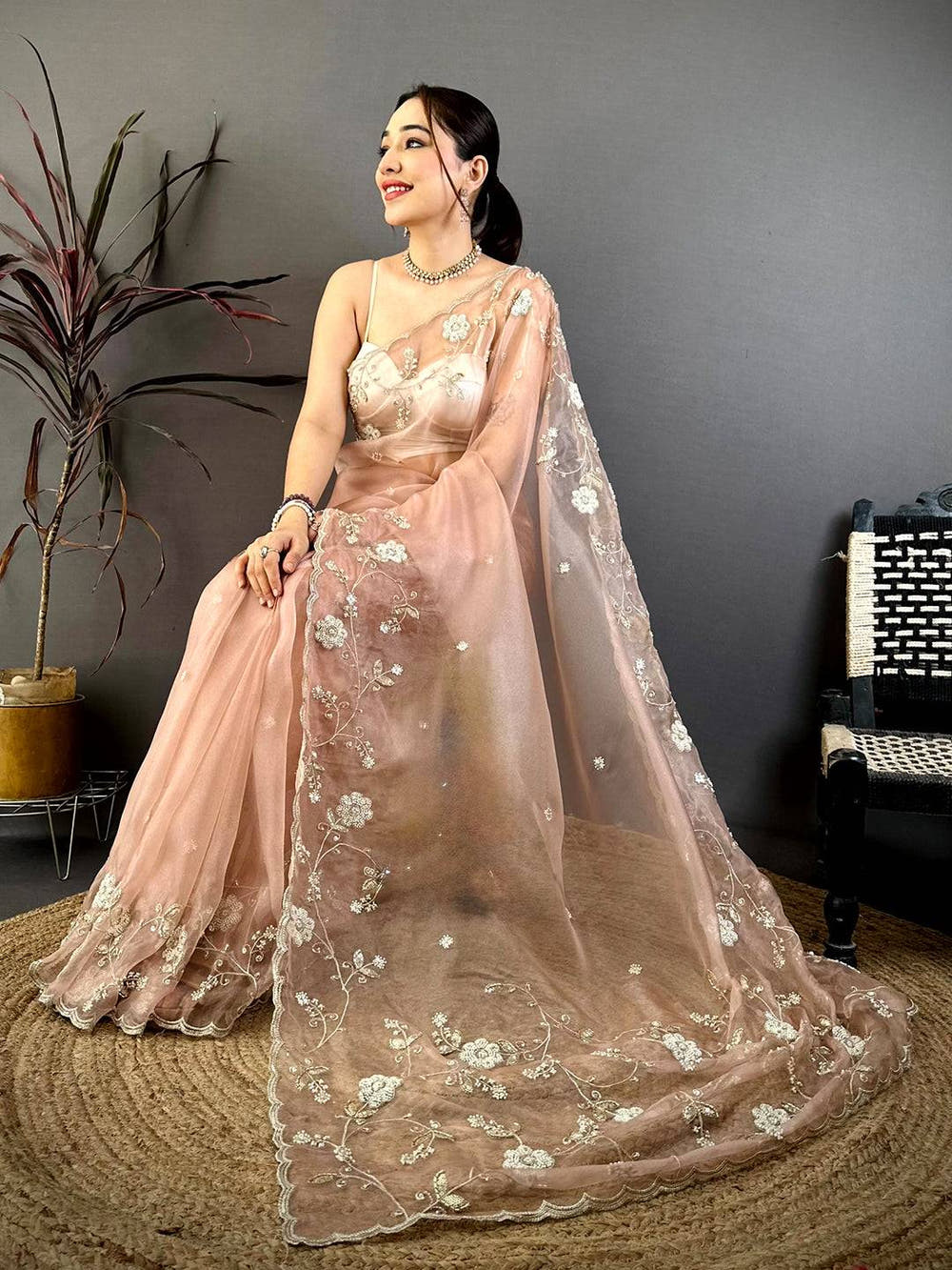 Peach Pearl Work Glass Organza Saree