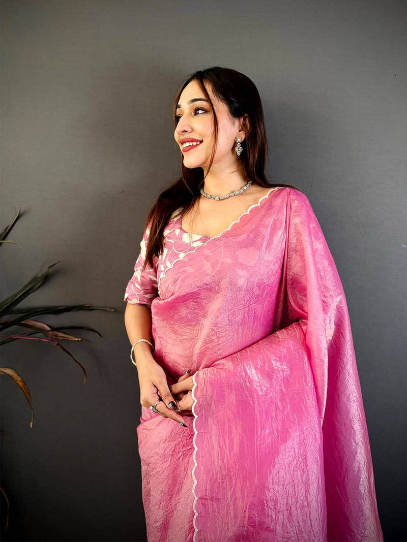 Baby Pink Bariq Cutwork Crash Silk Saree