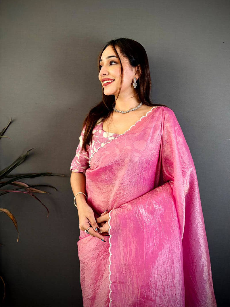 Baby Pink Bariq Cutwork Crash Silk Saree