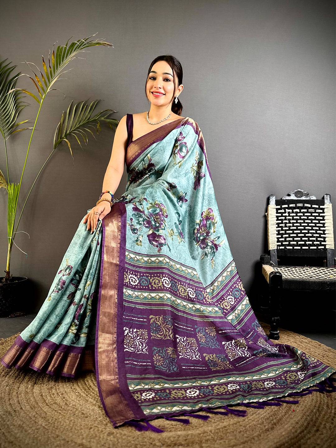 Stylish Sky Blue Floral Dola Silk Saree