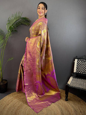 Beige Dharmavaram Gold Birds Print Saree