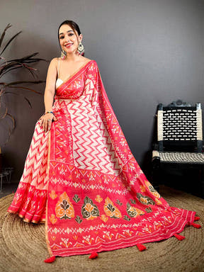 Radiant Red Linen Chanderi Ikkat Saree