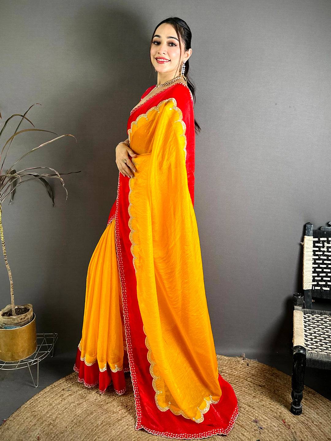 Celebrity Silky Satin Diamond Zarkon Work Saree
