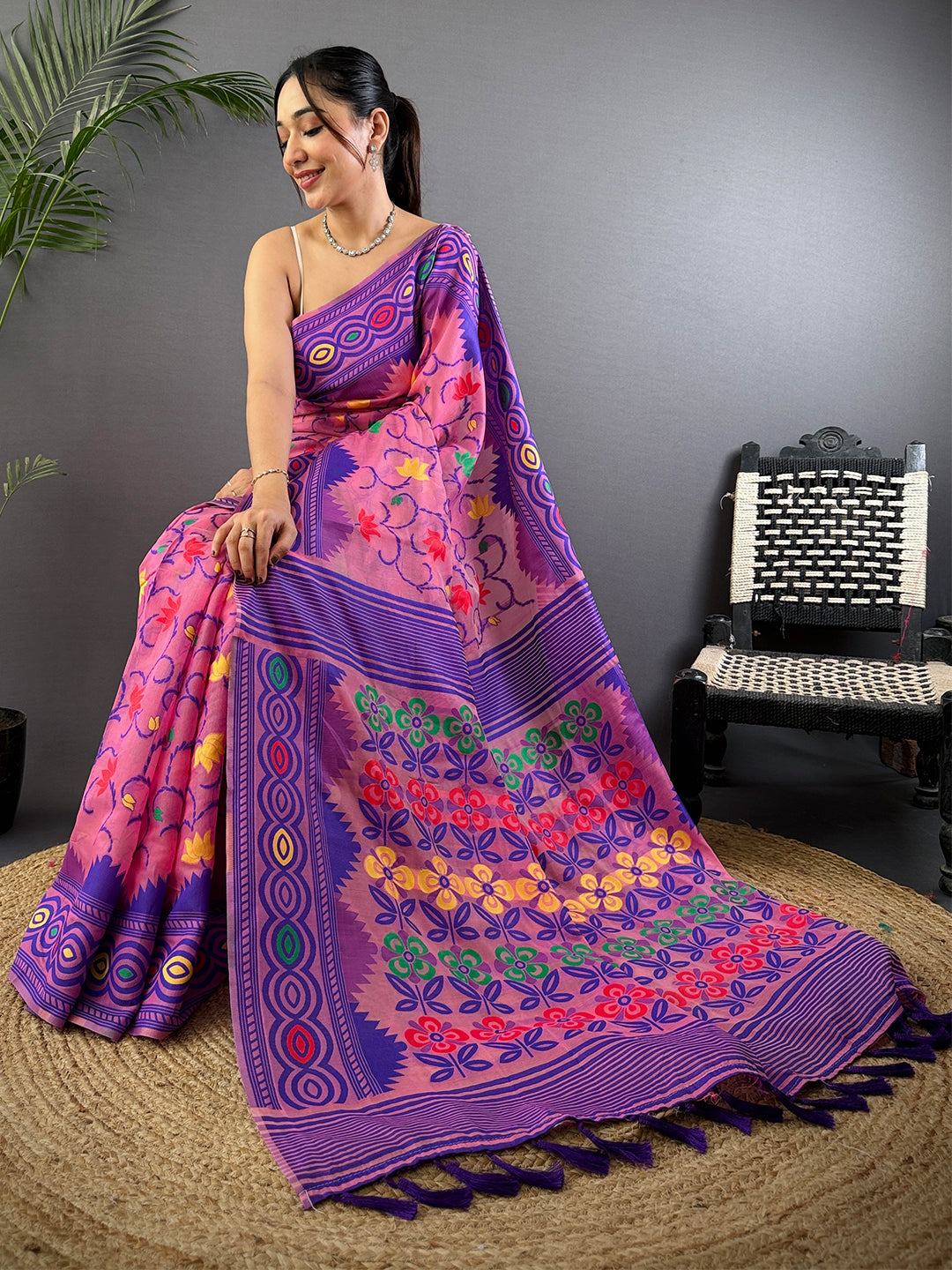 Fuchsia Pink Dhakai Jamdani Cotton Silk Saree