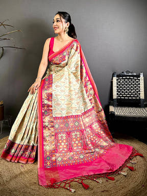 White Soft Silk Ikkat Minakari Patola Saree