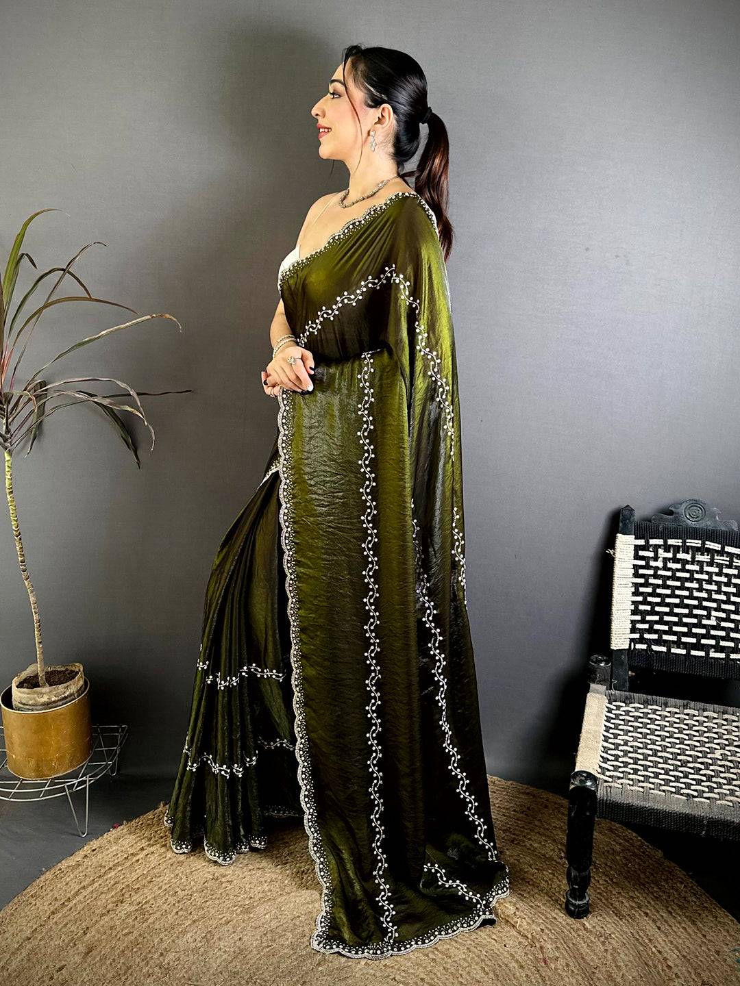 Classic Heavy Pearl Work Satin Zari Saree