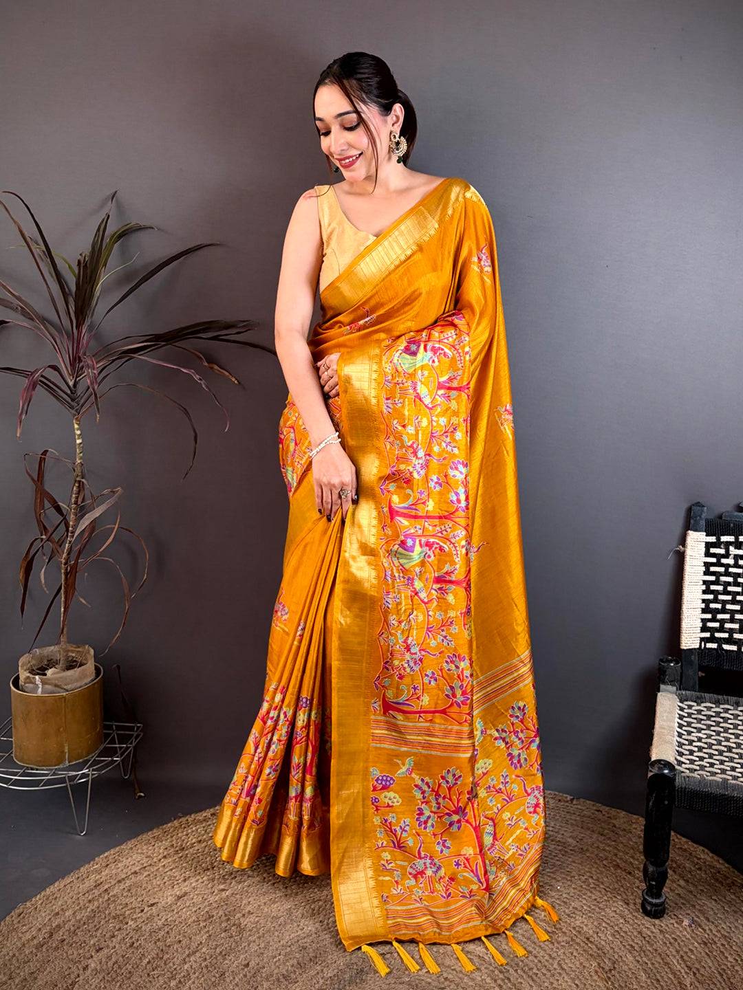 Dark Mustard Shade Printed Dola Silk Saree

