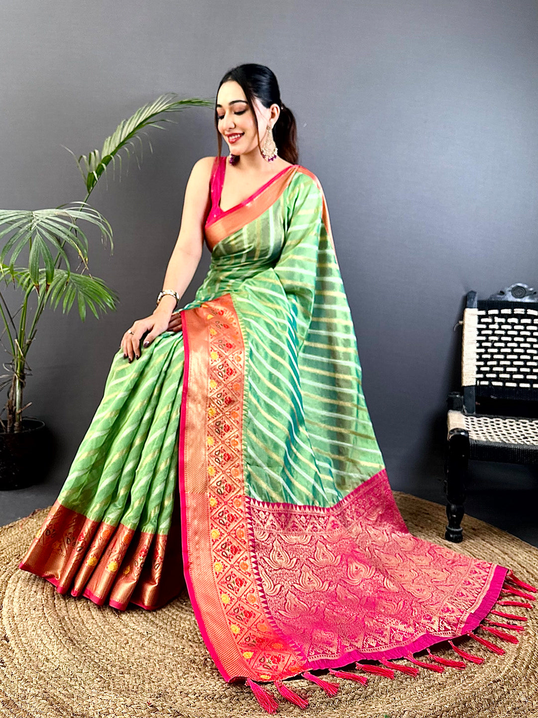 Green Banarasi Lehriya Katan Silk Saree
