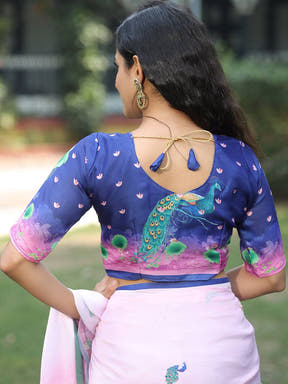 Exclusive Satin Georgette Pink Colour Hand Print Saree