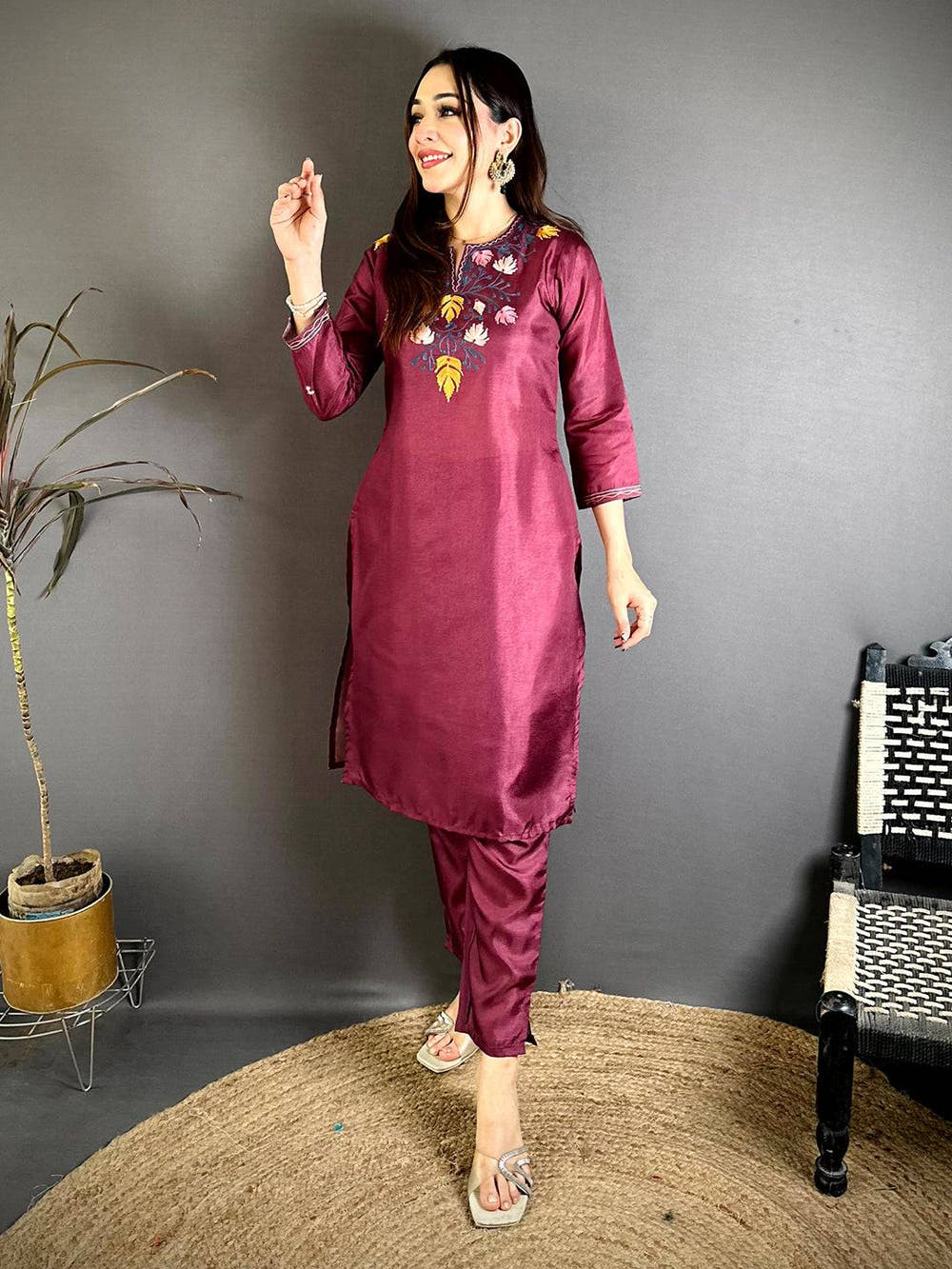 Wine Manipuri Crew Neck Kurti