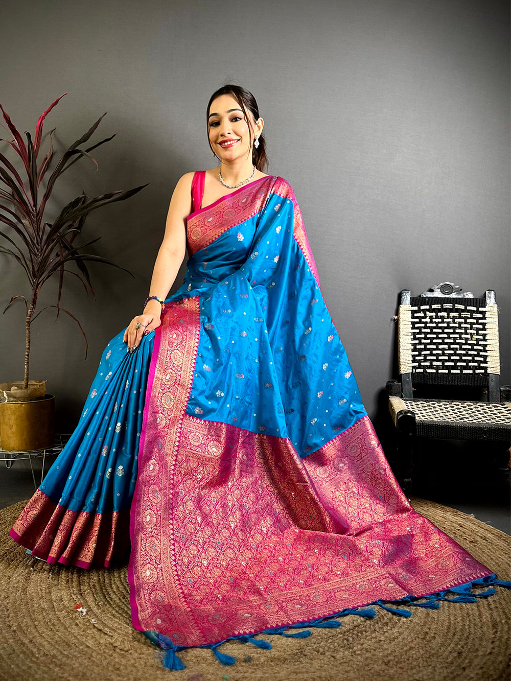 Sky Blue Minakari Butti Zari Tissue Saree