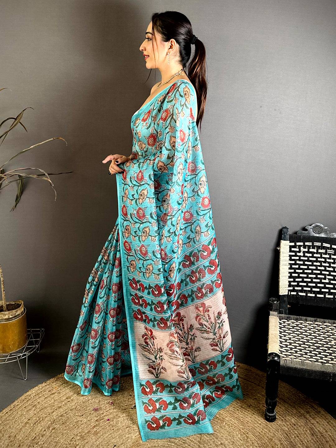 Aqua Kota Doriya Floral Print Saree