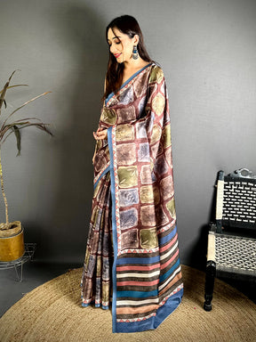 Opulent Block Kalamkari Tussar Saree