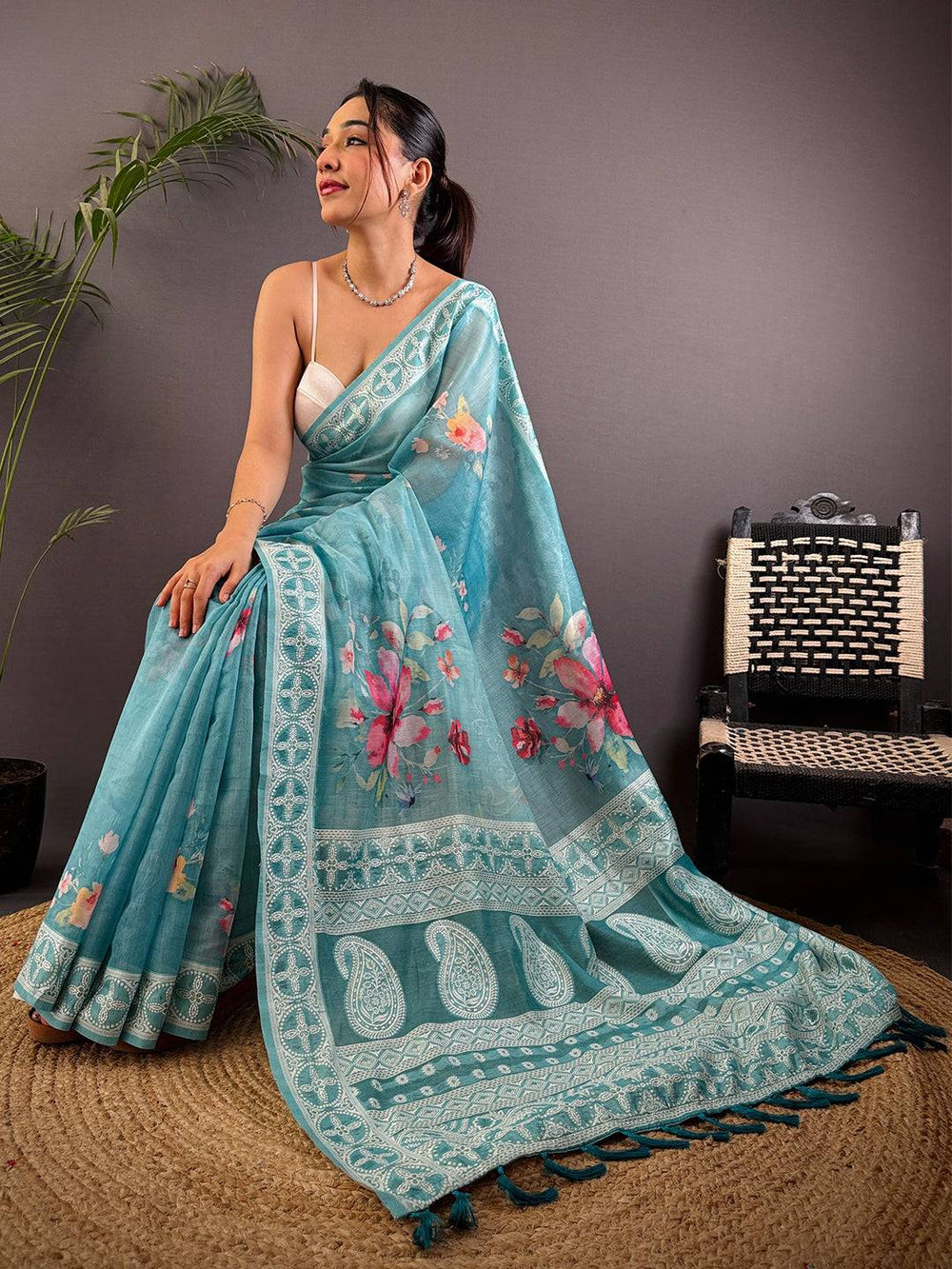 Sky Blue Lakhnavi Linen Digital Print Saree