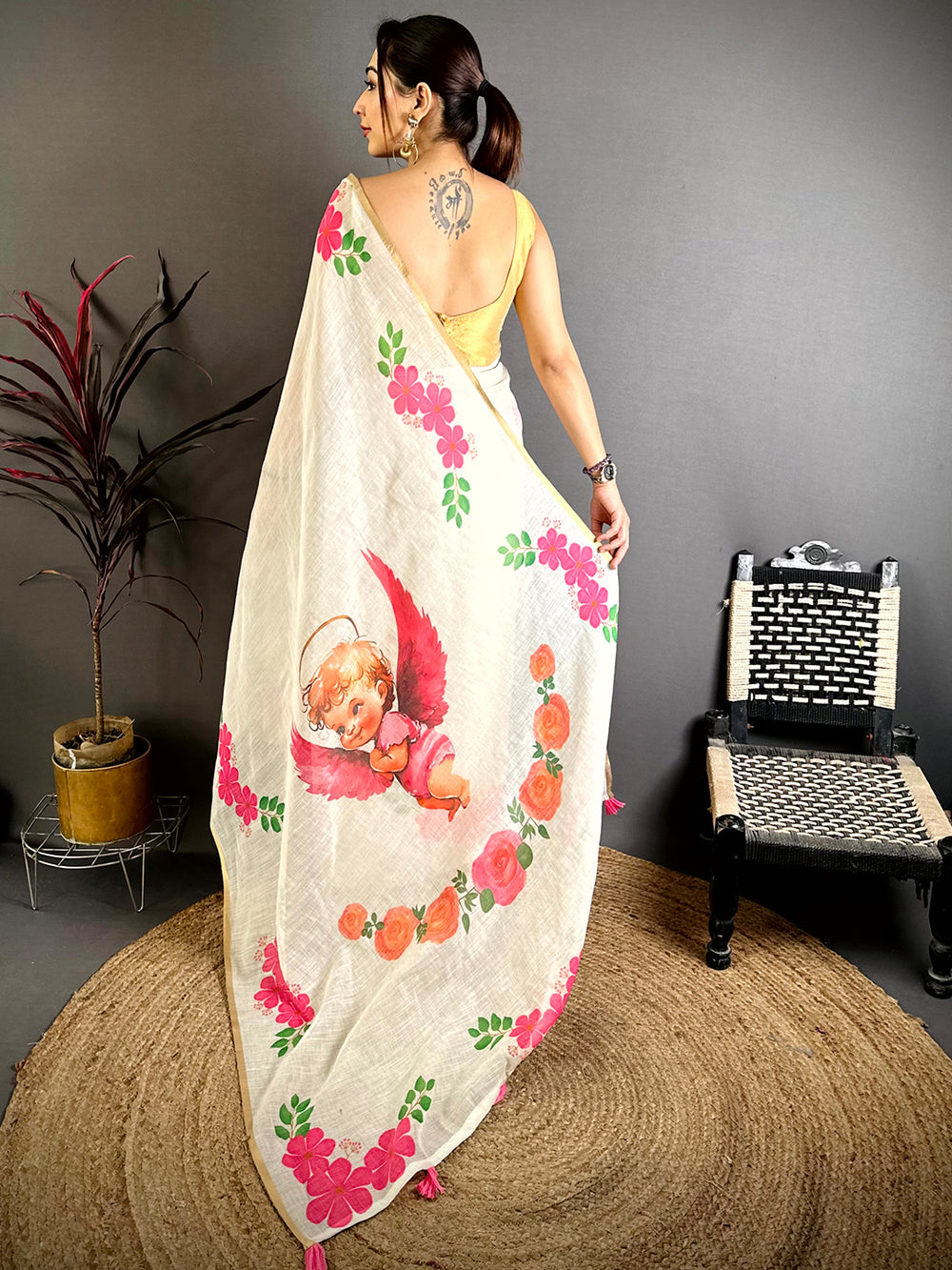 Angle Digital Print Linen Saree