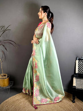 Pista Silky Tissue Resham Border Saree
