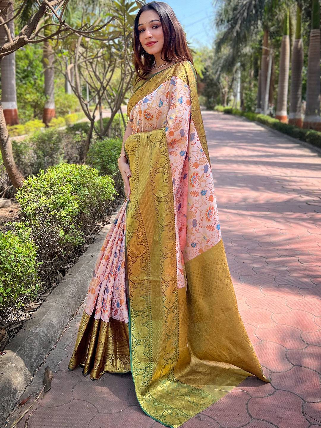 Chiku Colour Banarasi Saree with Floral Design