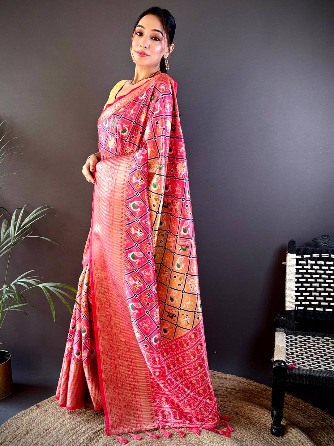 Stylish Ombre Peach Soft Silk Saree featuring vibrant Patola prints
