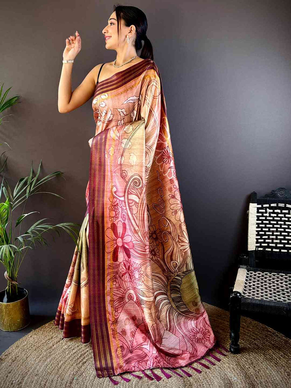 Peach Soft Silk Abstract Geometric Saree