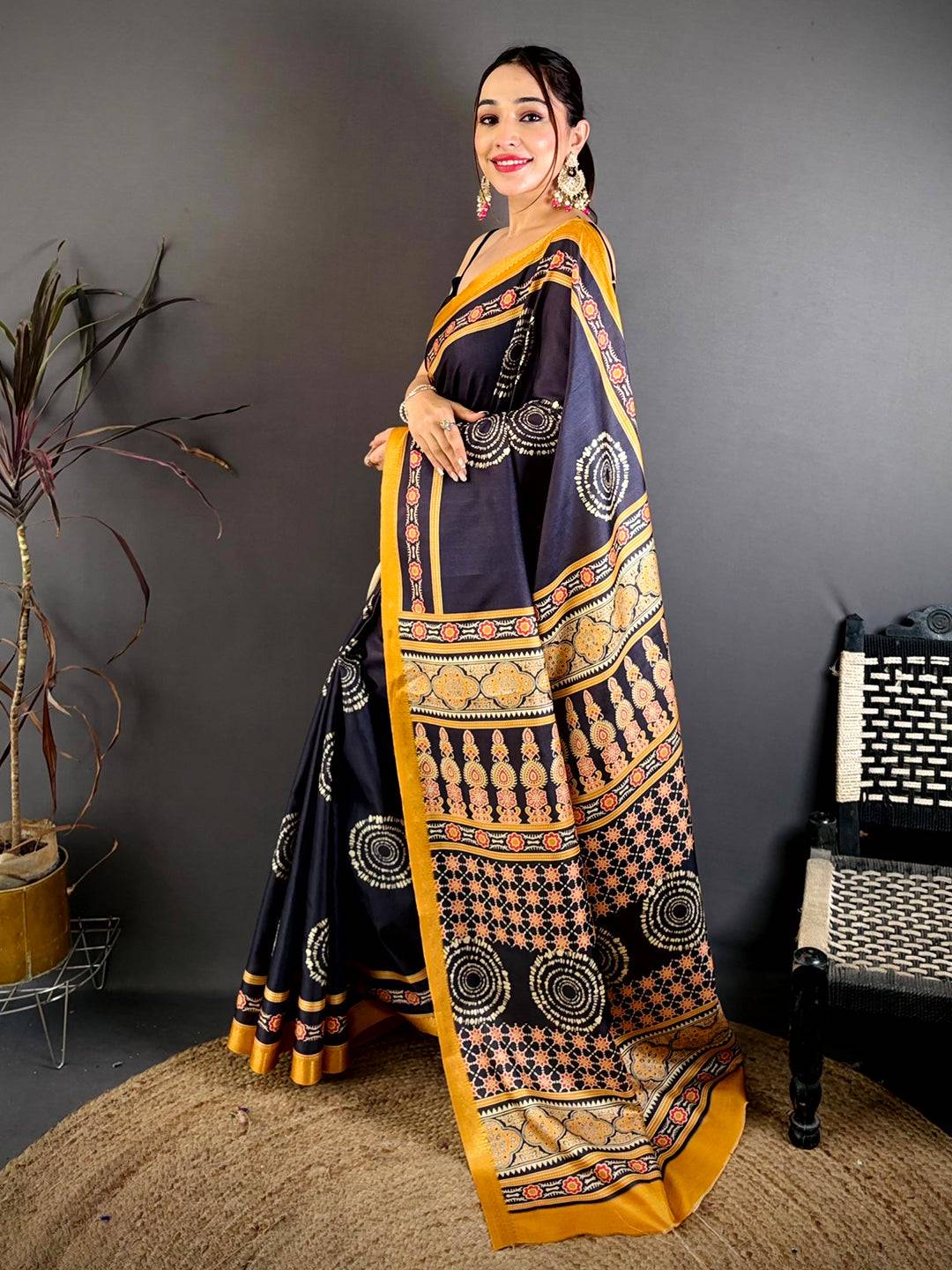 Classic Block Ajrakh Print Soft Tussar Saree

