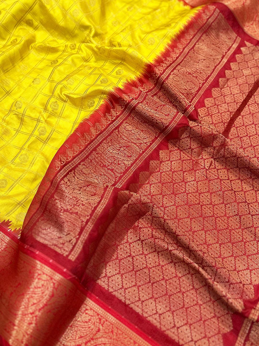 Close-up of Sunshine Yellow Kovai Banarasi Silk Saree fabric