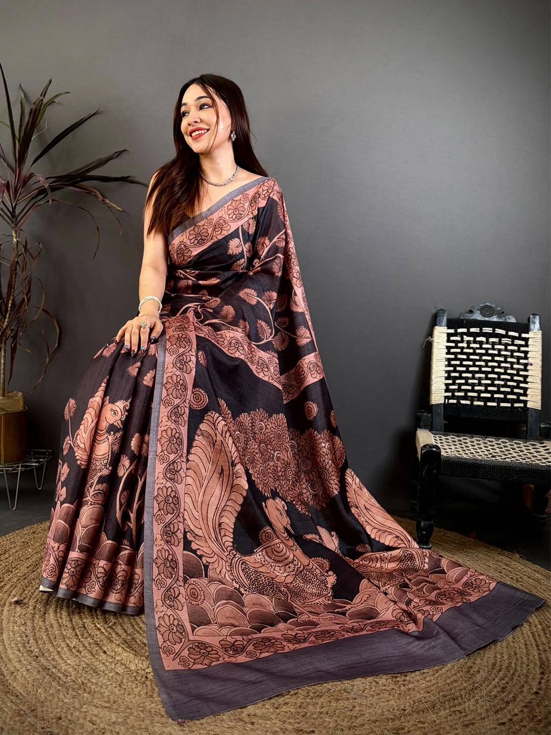 Black Soft Tussar Kalamkari Print Saree