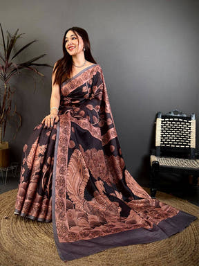 Black Soft Tussar Kalamkari Print Saree