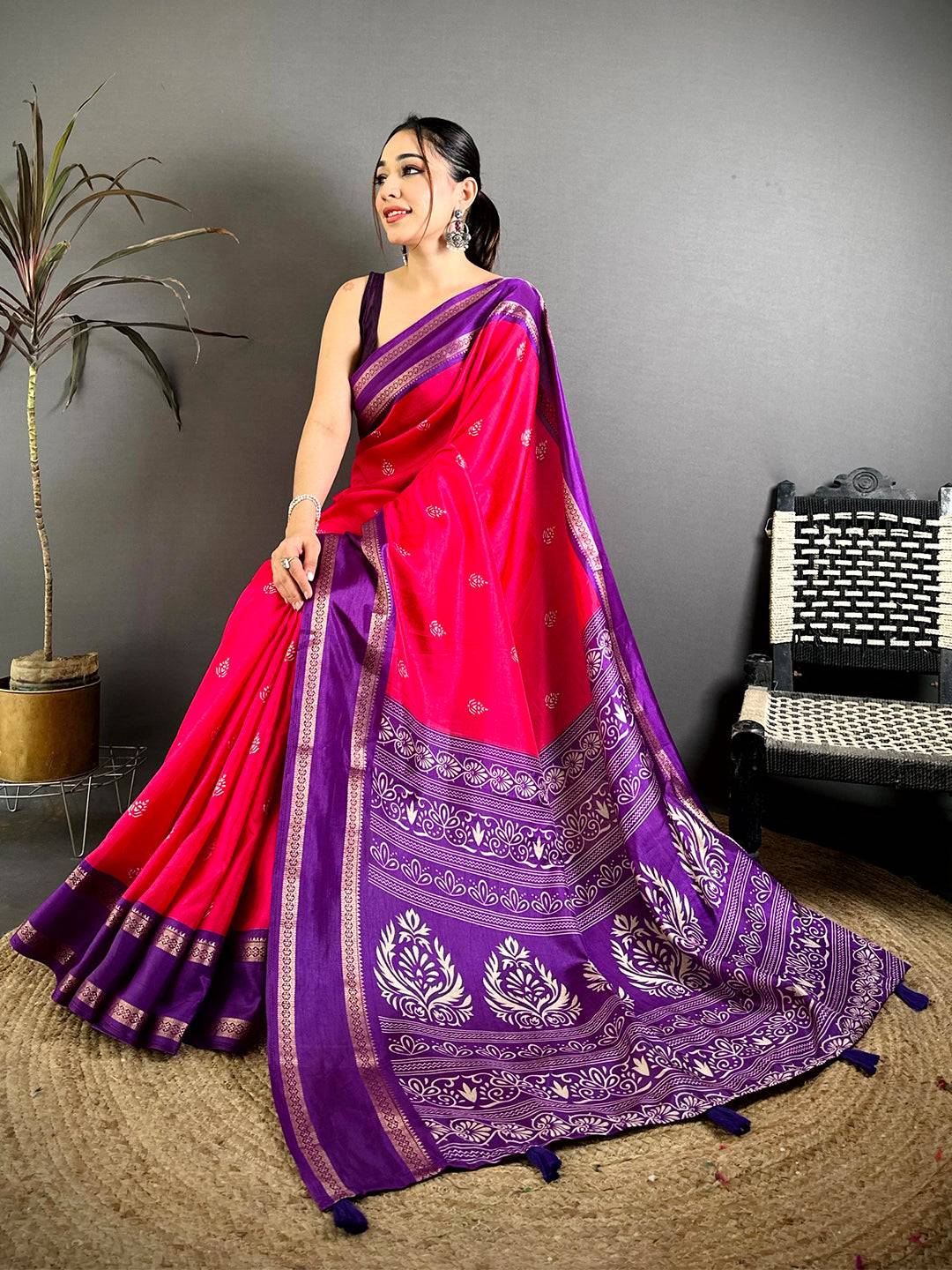Rani Pink Soft Dola Block Print Pallu Saree