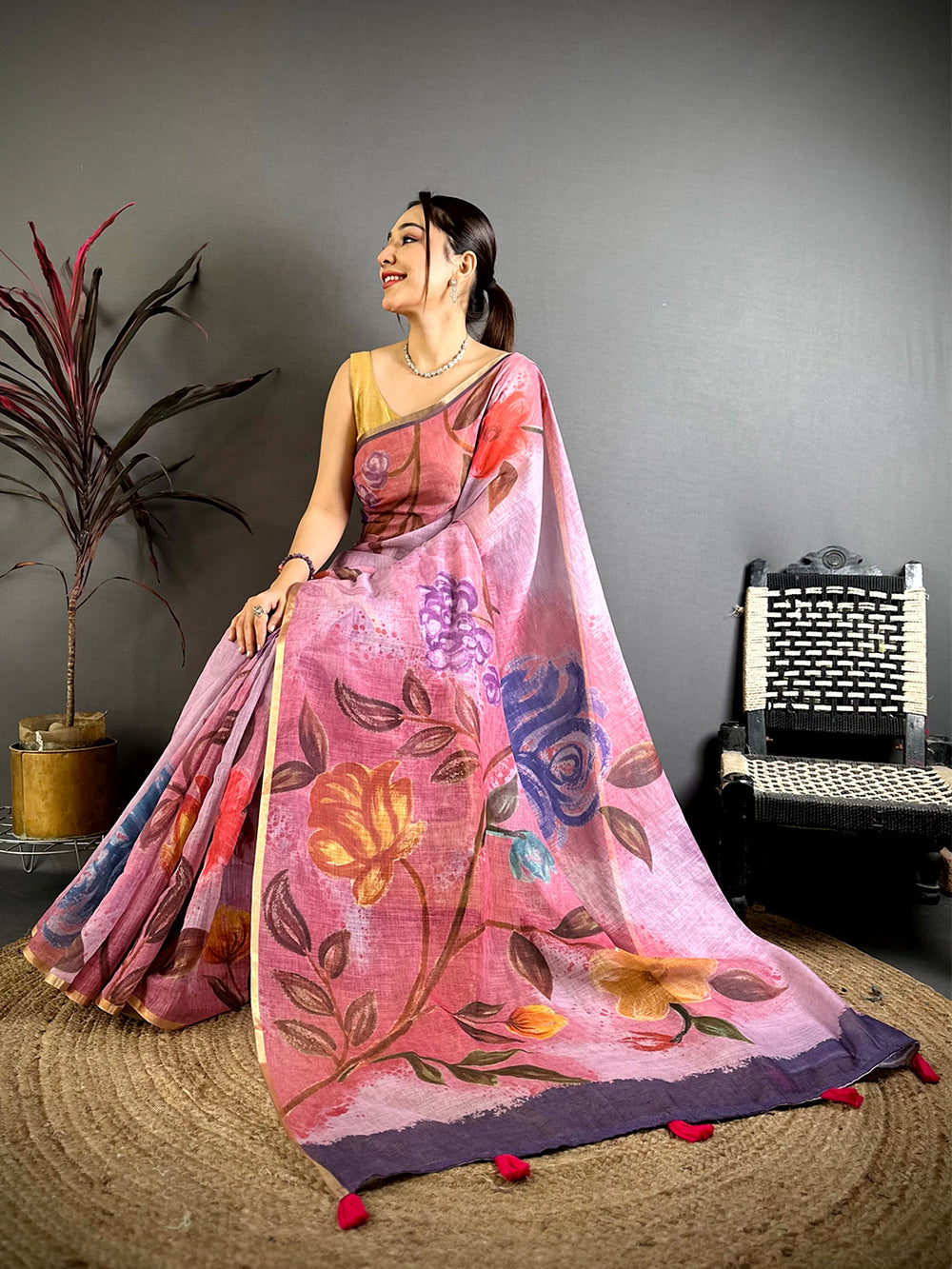 Pink Gold Zari Linen Chanderi Saree