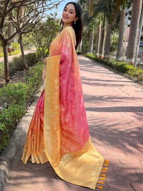 Back view of pink Bollywood soft slub silk saree with zari details
