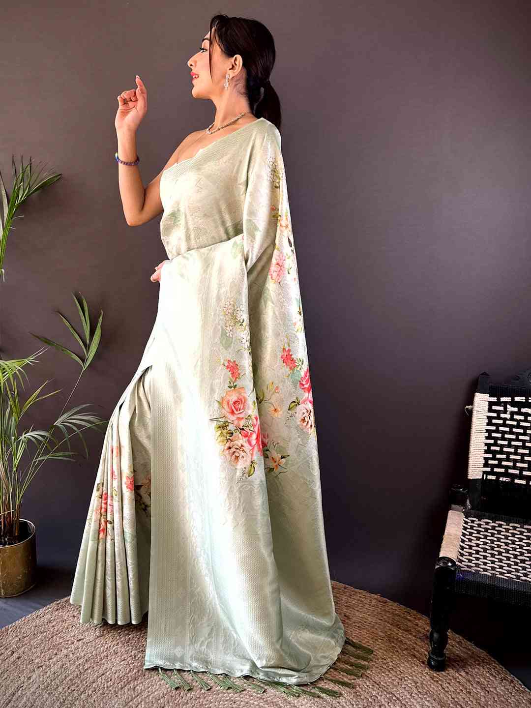 Light Green Kanjivaram Digital Silk Saree