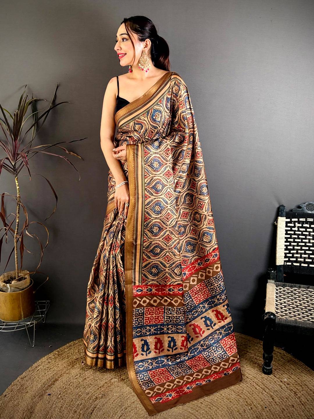 Royal Block Ajrakh Print Soft Tussar Saree