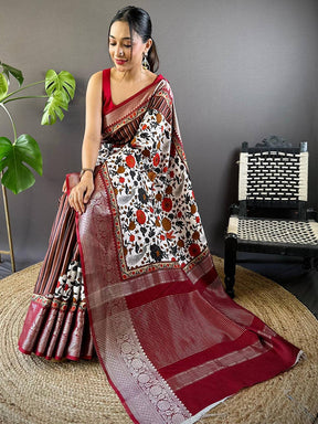 Brown Floral Peacock Fusion Saree