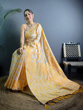 Ethereal Yellow Dhakai Jamdani Silk Saree