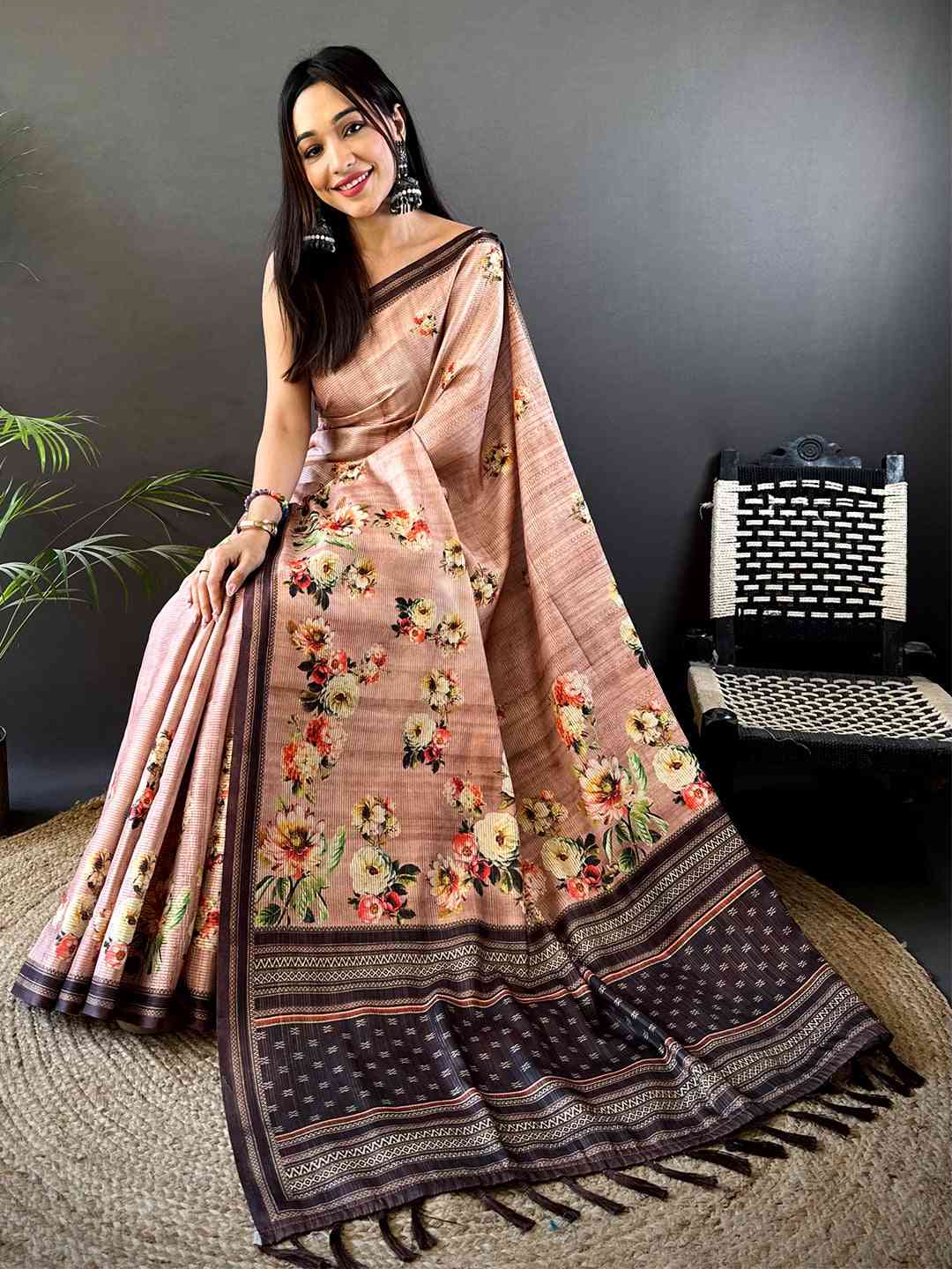 Floral Beauty in Blush Pink Tussar Zari Saree
